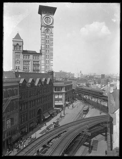 Vista de alto ângulo do cruzamento da Flatbush Avenue com a Fulton Street, Brooklyn, Nova York, 5 de setembro de 1914 de William Davis Hassler