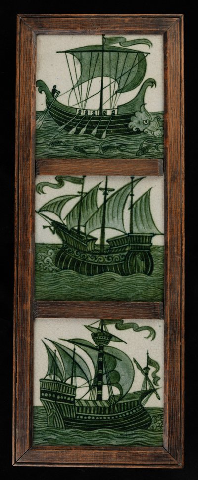 Painel de azulejos de navios em vela cheia, em moldura, c.1865-80 (cerâmica) de William de Morgan