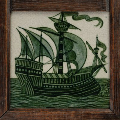 Painel de azulejos de navios em vela cheia, em moldura, c.1865-80 (cerâmica) de William de Morgan