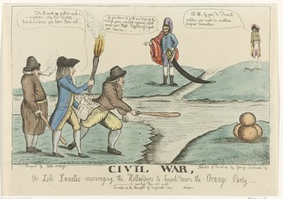 Engelse spotprent op de Nederlandse burgertwisten, 1787
Guerra civil, ou Lord Lunatic encorajando os Holandeses a derrubar o Partido Laranja (título sobre o objecto) de William Dent