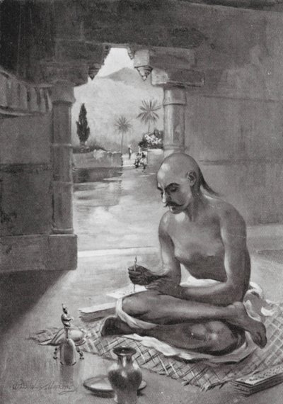 Kalidasa a escrever o "Mensageiro das Nuvens", 375 d.C. (litografia) de William Douglas Almond