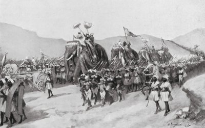Vikramaditya Gupta parte para a guerra, 395 d.C. (litografia) de William Douglas Almond