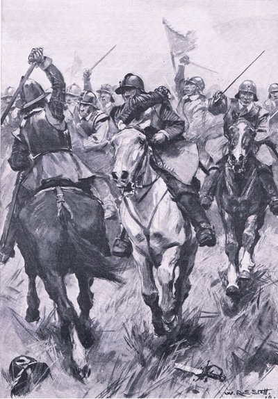 O conflito de cavalaria em Dunbar em 3 de setembro de 1650, ilustração das batalhas britânicas em terra e mar, 1915 de William Edward Stott