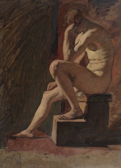 Nu masculino sentado, cabeça descansando contra a mão, pé esquerdo descansando no bloco de William Etty