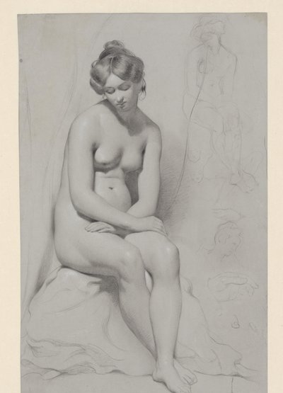 Modelo feminino nu sentado com corte de cabelo alto, esboçado novamente ao lado dele de William Etty