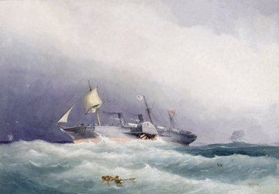 O navio a vapor "Atrato" da Royal Mail, construído em metal por Caird  Co, em Greenock, Inglaterra, em 1853. Pintura de 1864, aguarela de William Frederick Mitchell (1845-1914). de William Frederick Mitchell