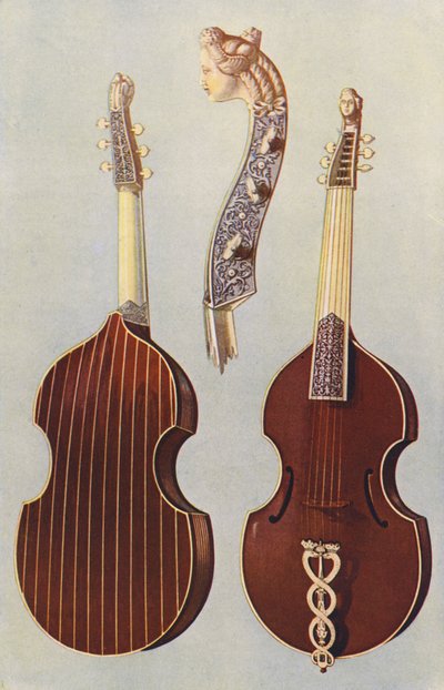 Instrumentos musicais: Viola da gamba (litografia a cores) de William Gibb