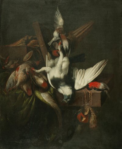 Natureza-morta com pombo morto, tentilhões e capuzes de falcão (óleo sobre tela) de William Gowe Ferguson