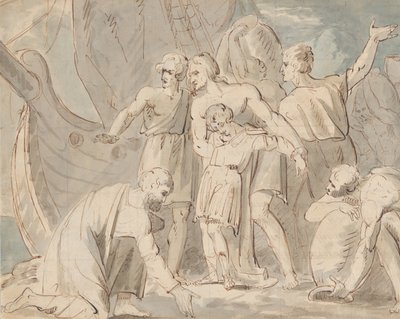 Tema histórico com homens e um rapaz perto de um navio recto..., 1770-80. de William Hamilton
