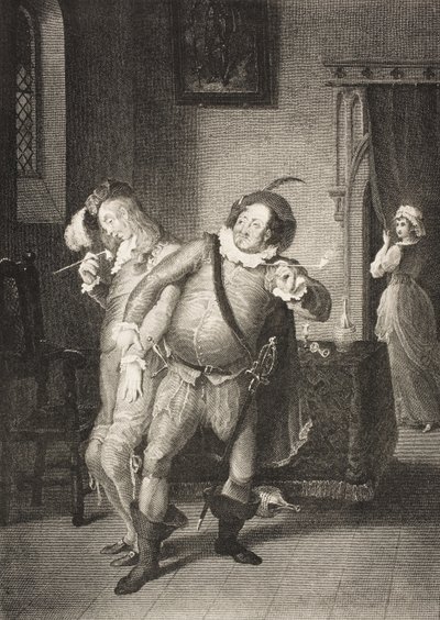 Casa de Olivia, Ato II, Cena III, de &39;Noite de Reis, ou o que você quiser&39;, da Galeria Boydell Shakespeare, publicada no final do século XIX de William Hamilton