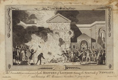 As devastações ocasionadas pelos desordeiros de Londres, disparando a nova cadeia de Newgate de William Hamilton