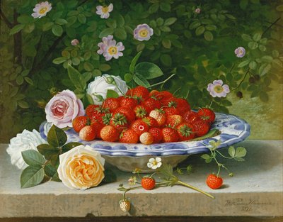 Morangos em um Buckelteller azul e branco com rosas e briar doce em uma borda, 1871 de William Hammer