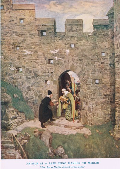Arthur como bebê sendo entregue a Merlin, ilustração do &39;Rei Arthur&39; de William Hatherell