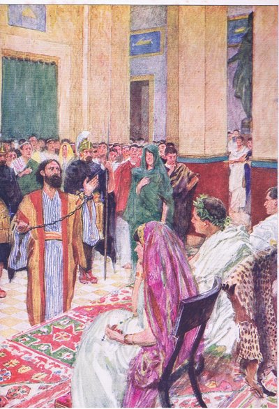 Paul before Agrippa, de The Bible Story publicado por Hodder & Stoughton, c.1930 (color litho) de William Hatherell