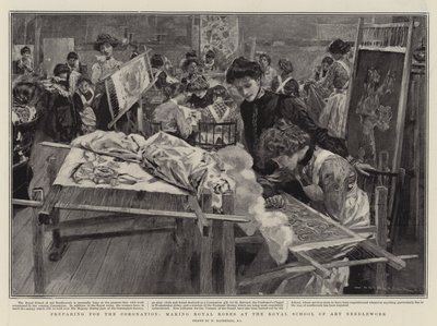 Preparando-se para a coroação, fazendo vestes reais na escola real de arte Needlework de William Hatherell