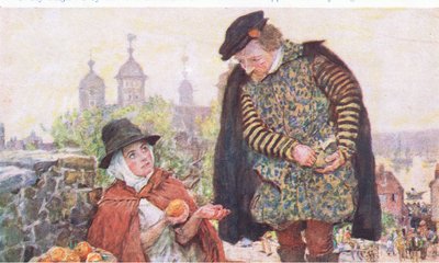 Shakespeare compra uma laranja de uma mulher em Tower Hill, da My Magazine, pub.1922 de William Hatherell