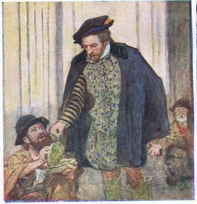 Shakespeare dá um centavo a um mendigo, da My Magazine, pub.1922 de William Hatherell