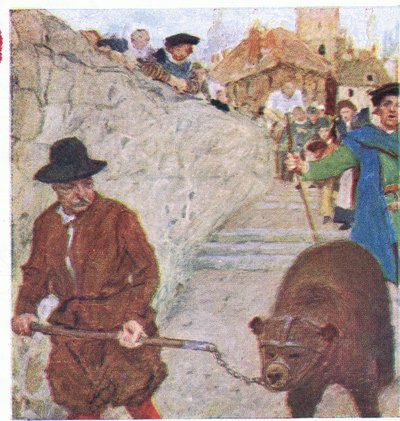 Shakespeare observa um urso a caminho do jardim Bear, em Bankside, da My Magazine, pub.1922 de William Hatherell