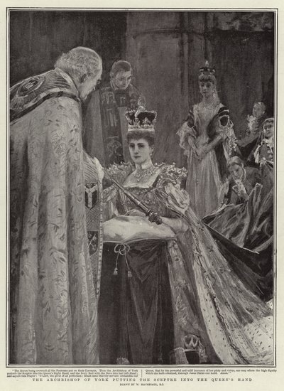 O arcebispo de York, colocando o cetro na mão da rainha de William Hatherell