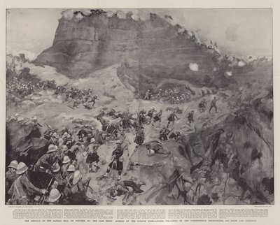 O Assalto à Colina de Dargai em 20 de outubro, o Passo sendo apressado pelos Highlanders de Gordon, seguido pelos Dorsetshires, Derbyshires, 3 Sikhs e Gurkhas. de William Hatherell