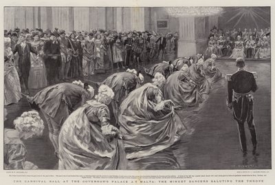 O baile de carnaval no Palácio do Governador em Malta, os dançarinos de Minuet saudando o trono de William Hatherell