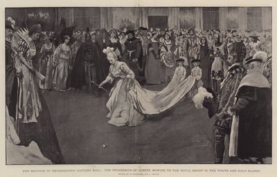 O baile de fantasias da duquesa de Devonshire, a procissão de convidados que se submetem ao Royal Group no salão White and Gold, em 1897 de William Hatherell