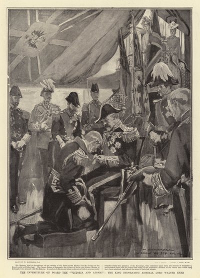Investidura a bordo do Victoria and Albert, o rei decorando o almirante Lord Walter Kerr de William Hatherell