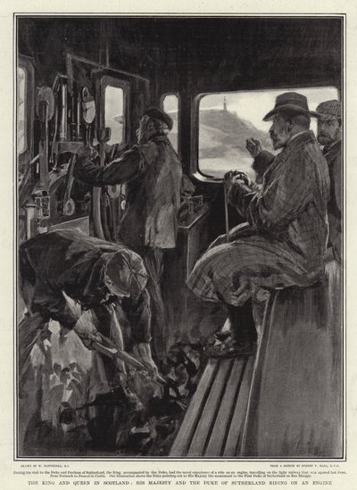 O rei e a rainha na Escócia, Sua Majestade e o duque de Sutherland montando um motor de William Hatherell