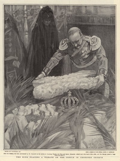O rei colocando uma coroa no caixão na igreja de Cronberg de William Hatherell