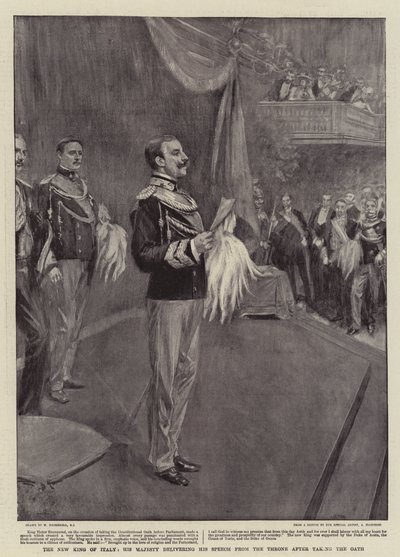 O novo rei da Itália, Sua Majestade, entregando seu discurso do trono depois de fazer o juramento de William Hatherell
