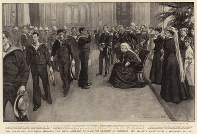 A rainha e os heróis do Benim, a companhia do navio de HMS St George em Osborne, Sua Majestade, questionando um marinheiro ferido de William Hatherell