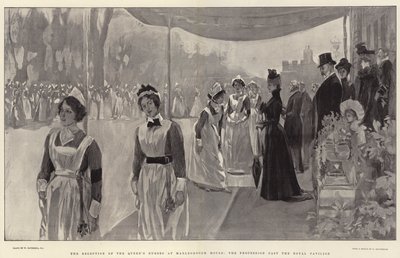 A recepção dos enfermeiros da rainha em Marlborough House, a procissão passando pelo Royal Pavilion de William Hatherell