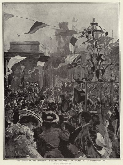 O retorno da procissão, arredondando a esquina de Piccadilly e Constitution Hill de William Hatherell
