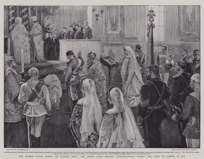 A Família Real Russa em Zarskoe Selo, o Grão-Duque Michael Alexandrovitch fazendo o juramento sobre a maioridade de William Hatherell