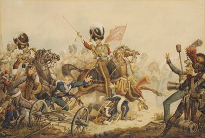 1ª Guardas da Vida atacando a Artilharia Francesa na Batalha de Waterloo em 1815, 1820 de William Heath
