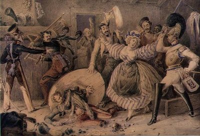 Uma rixa numa pousada, c.1830 (aguarela sobre lápis de água, aumentada com guache sobre papel) de William Heath