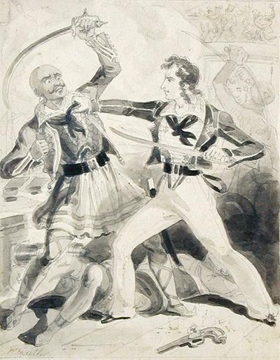 Oficial Naval Americano Resistindo a um Tripolitano Atacante (aguarela no papel) de William Heath