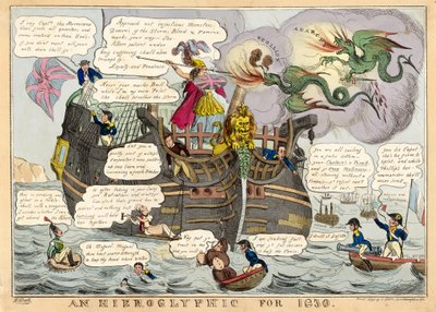 Um hieróglifo para 1830, pub. gravura colorida à mão de 1830. de William Heath