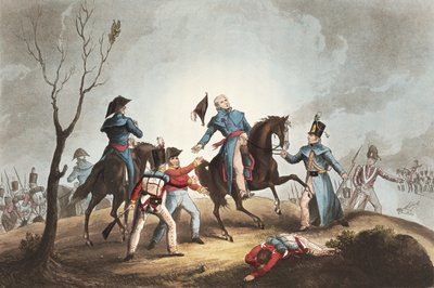 Morte de Sir John Moore (1761-1809) 17 de janeiro de 1809, de "As realizações marciais da Grã-Bretanha e seus aliados de 1799-1815", por James Jenkins, gravado por Thomas Sutherland (n.1785) publishe de William Heath