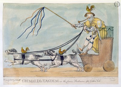 O Tandem de Grimaldi na Comédia Pantomima do Peixe Dourado, pub. 1812 de William Heath
