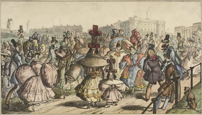Homens e mulheres em trajes marcantes passear num parque de uma cidade
O Parque - 1830 (título sobre o objecto) de William Heath