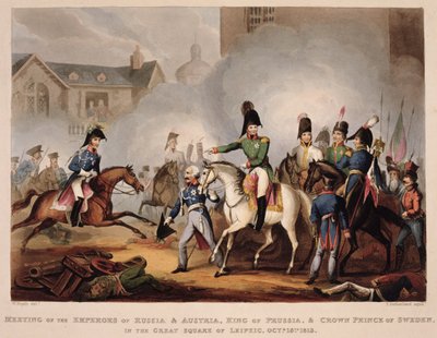 Encontro dos Imperadores da Rússia e da Áustria, Rei da Prússia e Príncipe Herdeiro da Suécia na Grande Praça de Leipsic, 18 de outubro de 1813, de "As realizações marciais da Grã-Bretanha e seu Al de William Heath