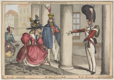 &39;Modern Gallantry Militar - Um esboço perto do novo palácio Mantenha fora - Oh querido é tão sujo&39;, c.1829 (gravura colorida) de William Heath