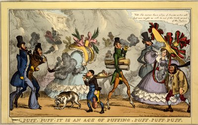 Puff, Puff, é uma era de puffing, Puff, Puff, Puff, pub. Thos. McLean, Londres, 1827 (gravura colorida à mão) de William Heath