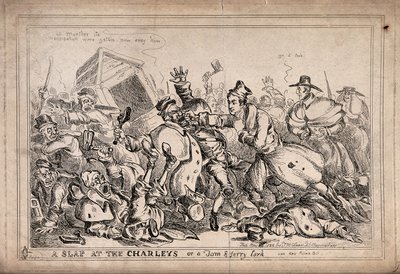 Robert Peel na pele de um pugilista a atacar guardas noturnos com a intenção de os substituir pela força policial. Gravura de Paul Pry (W. Heath). de William Heath