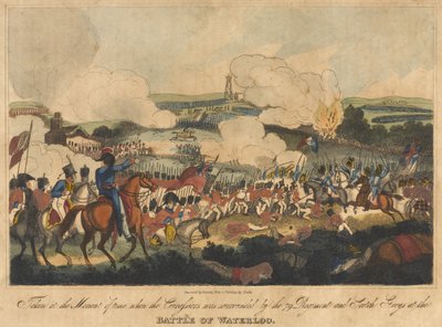 Tomado no momento em que o Cuirassiers foi cercado pelo 79 Regiment e Scotch Greys na Batalha de Waterloo, 18 de junho de 1815, gravado por Romney e publicado por Richard Evans, 1816 (co de William Heath