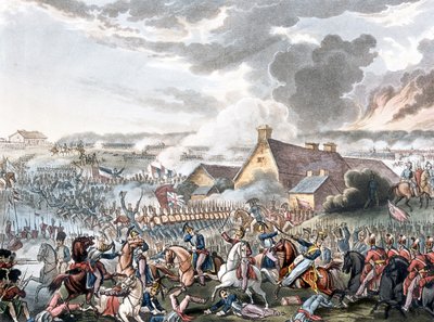 A Batalha de Waterloo, ilustração de um poema narrativo do Dr. Syntax, publicada em 1818 (aquatinta colorida) de William Heath
