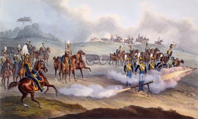 A artilharia real britânica do cavalo - tropa do foguete, 1835 de William Heath