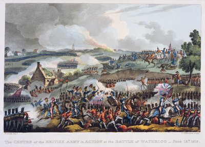 O Centro do Exército Britânico em Ação na Batalha de Waterloo, 18 de junho de 1815, de "As realizações marciais da Grã-Bretanha e seus aliados de 1799 a 1815", de James Jenkins, gravado por Tho de William Heath