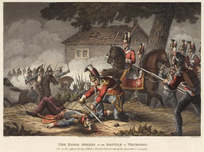 O cavalo (vida) guardas na batalha de Waterloo, um dos oficiais que mataram um coronel francês corta sua epaulette em triunfo, gravada por M. Dubourg, 1819 (colorido aquatint) de William Heath